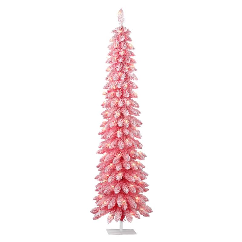 Puleo International 7 ft. Pre-Lit Flocked Pink Artificial Alpine Pencil Tree - Pink
