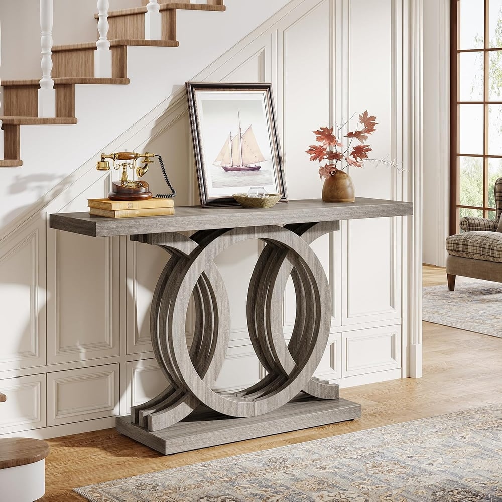 55 Inches Console Table with Geometric Wood Base, Entryway Table