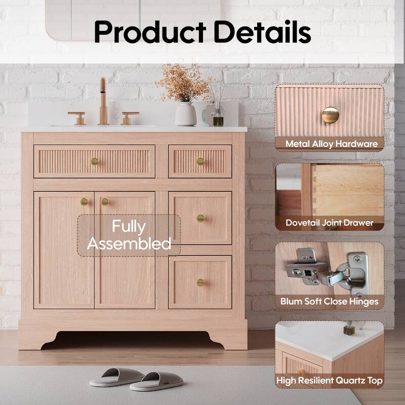 35''H Bath Solid Wood Vanity with Stain-resistant Carrera White Quartz Top And Single Sink