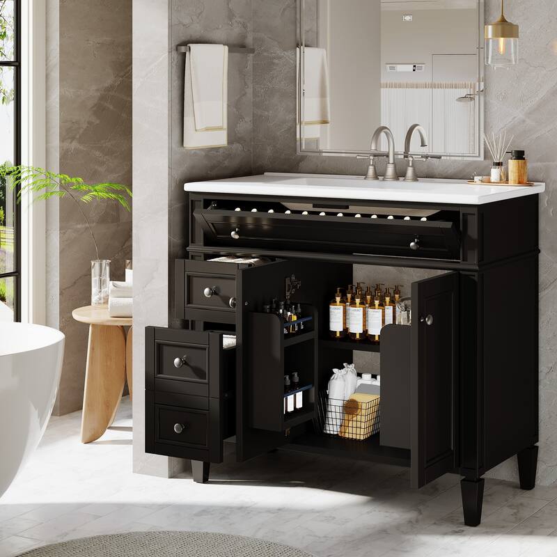 36" Bathroom Vanity with Sink, Modern Bathroom Sink Cabinet with 4 Drawers & 2 Doors, Solid Wood Frame