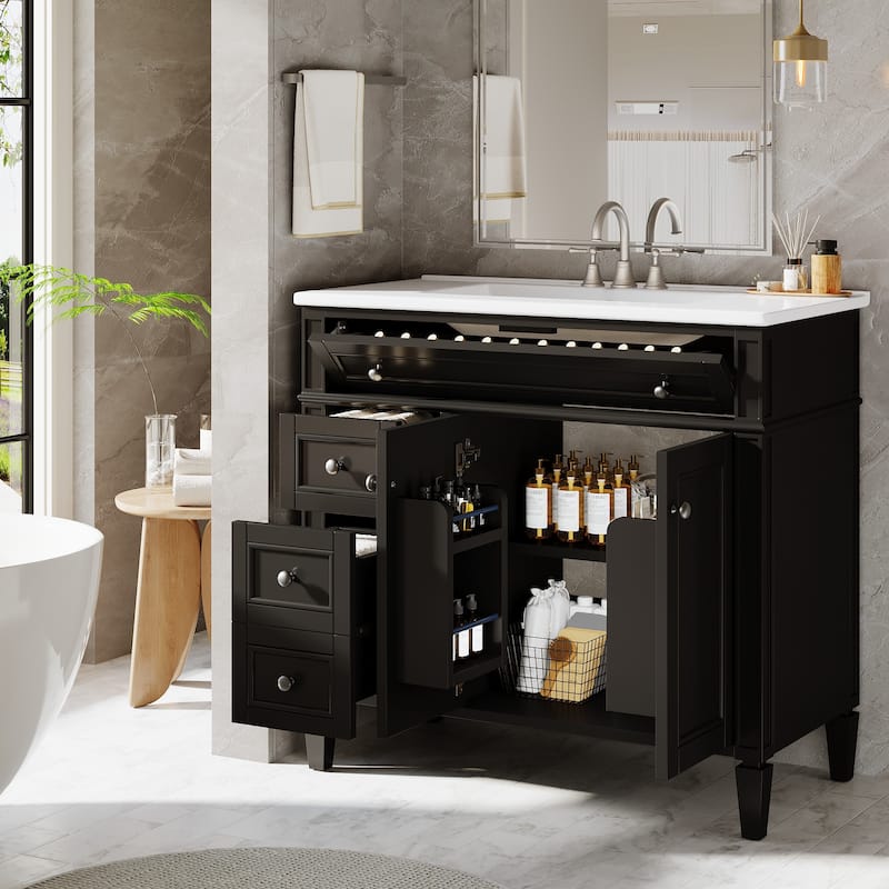 36'' Freestanding Bathroom Vanity with Integrated Ceramic Sink, Tip-Out Drawer, Door Organizer