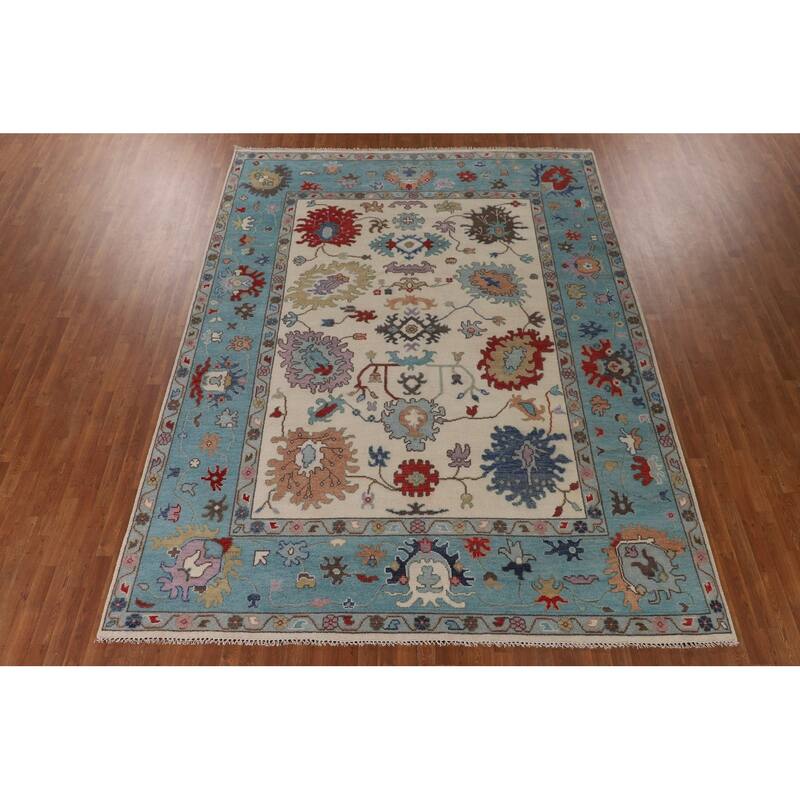 Beige / Ivory Floral Oushak Area Rug Hand-Knotted Wool Carpet - 9'1" x 11'9"