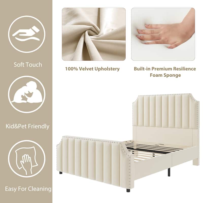 Velvet Upholstered Bed Frame with Headboard and Footboard