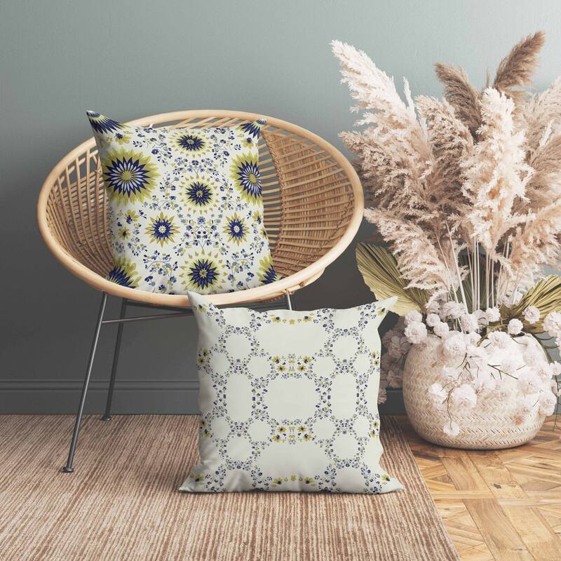 Delightful Dandelions Indoor/Outdoor Reversible Throw Pillow Indigo and Olive