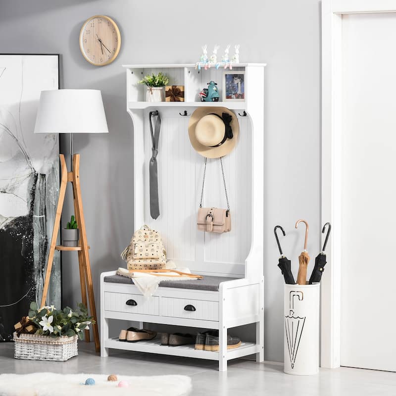Modern Coat Rack with Shoe Rack 2 Drawers 4 Hooks and Padded Seat Cushion, for Entry and Hallway, White