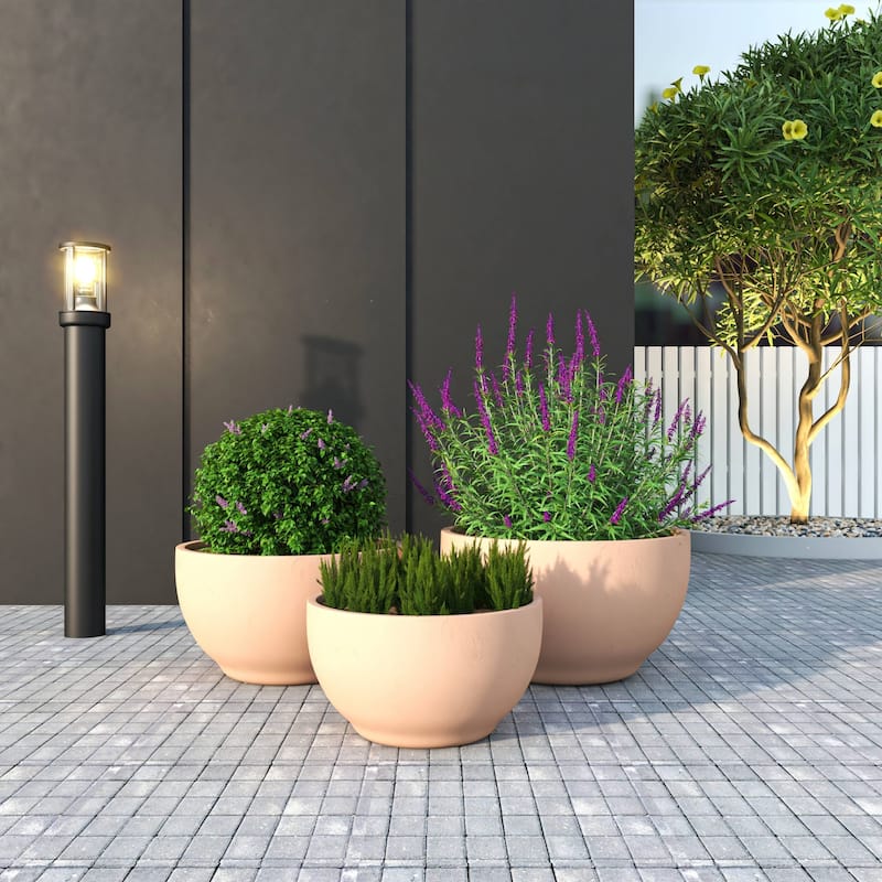 LeisureMod Grove 3-Piece Round Planter Set in Fiberstone and MgO Clay with Drainage, Indoor Outdoor Home Office Yard Patio Decor