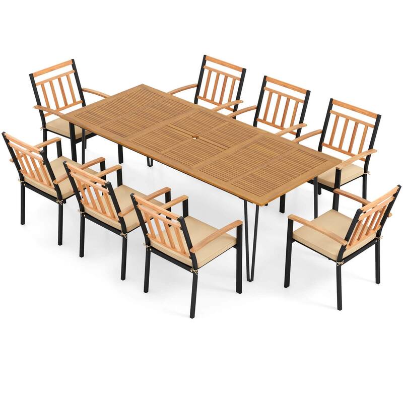 Costway 9 PCS Patio Dining Set with 8 Chairs Acacia Wood Table Top - See Details
