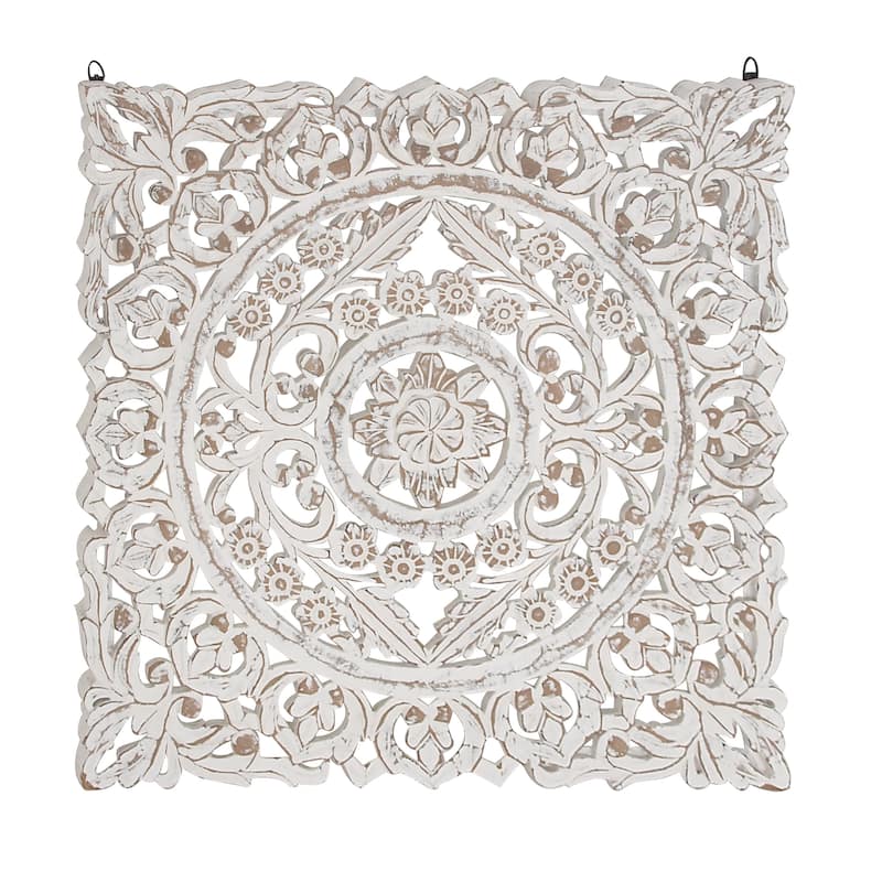 White Wooden Handmade Intricately Carved Floral Home Wall Decor with Mandala Design
