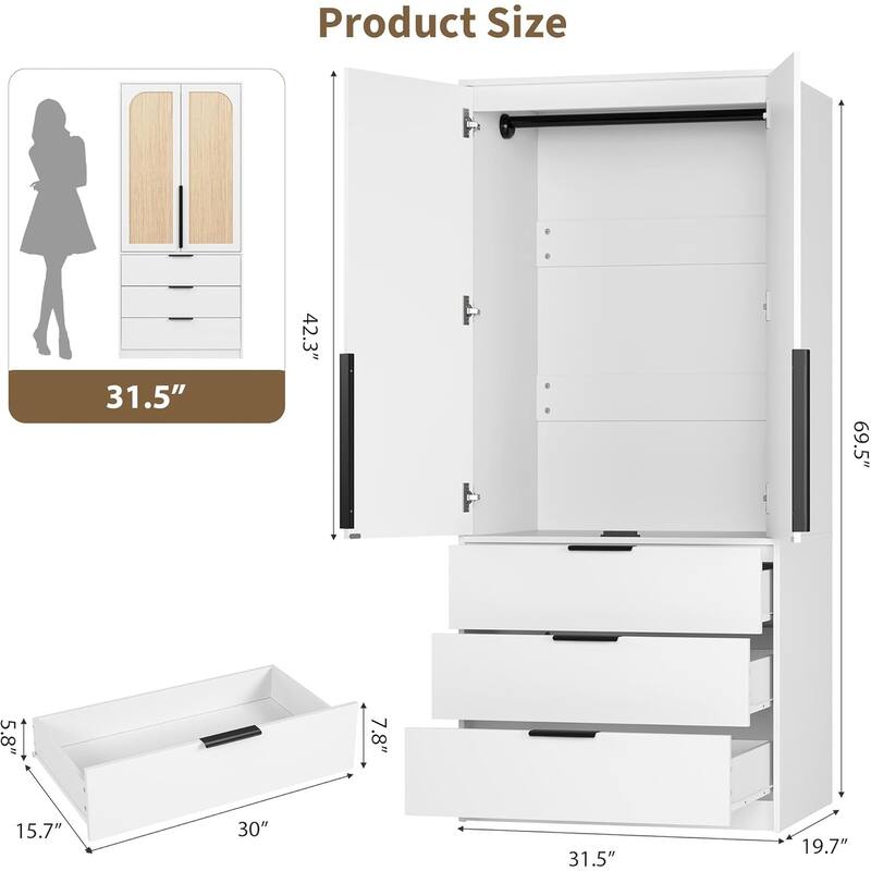 Garvee Rattan Door Armoire Wardrobe Closet, 69.5" Wooden Wardrobe Cabinet with 3 Drawers