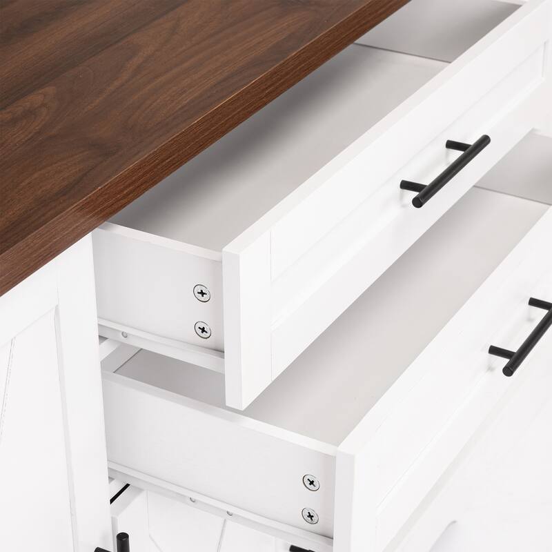 Coffee Bar Cabinet with Barn Doors & Drawers, Sideboard with Adjustable Shelves & Door Rack, Large Kitchen Storage Cabinet