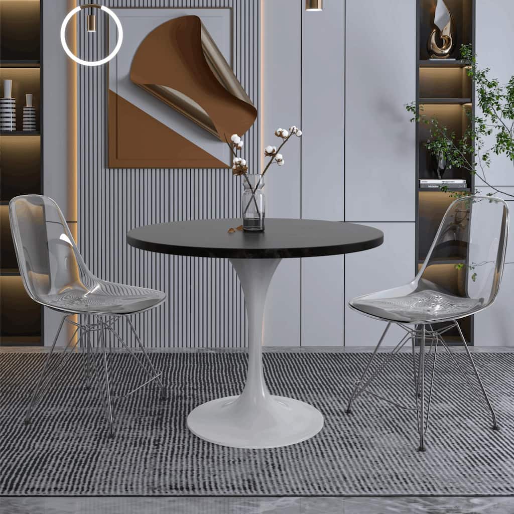 LeisureMod Verve 36" Round Dining Table with MDF Wood TableTop and White Steel Base for Kitchen & Dining Room