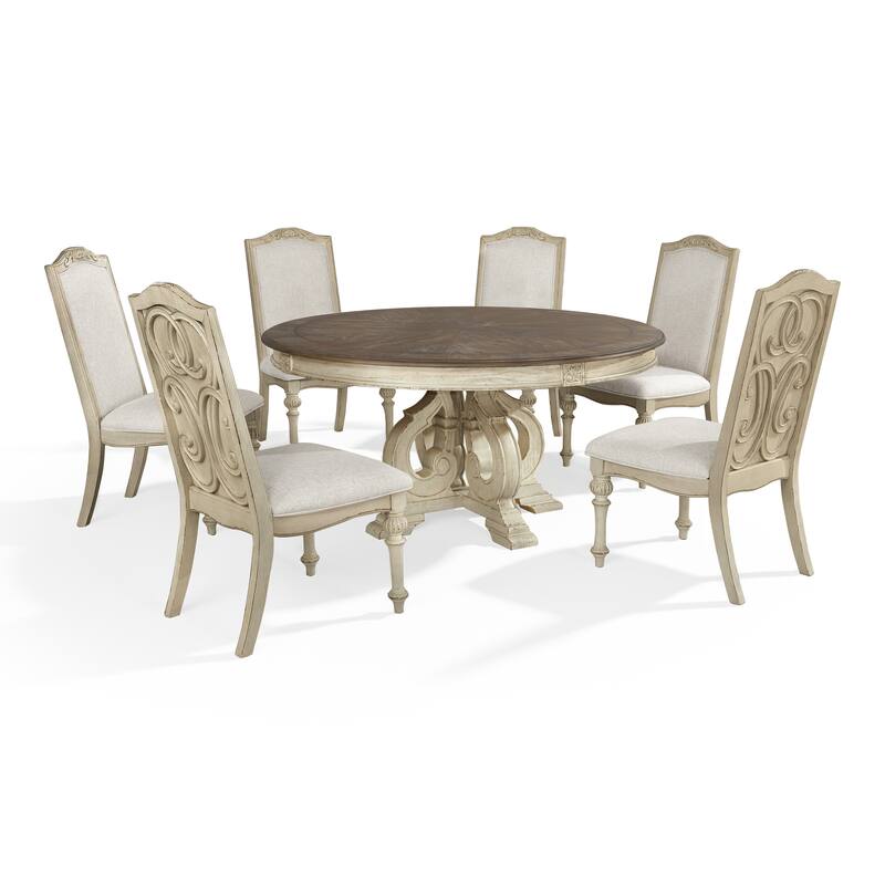 Caelum Farmhouse White Fabric Upholstered 7-Piece Round Dining Set By The Gray Barn