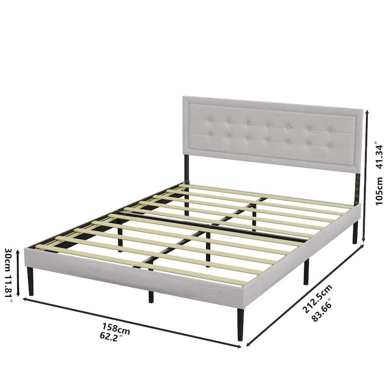 Queen Size Iron Platform Bed Frame with Upholstered Headboard, Tufted Design and Wood Slat Support, Box Spring Required