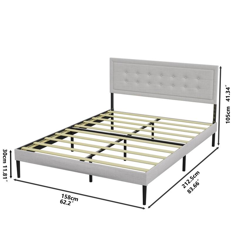 Queen Size Upholstered Platform Bed with Tufted Headboard, Wooden Slat Support, Soft Fabric Frame, Box Spring Required