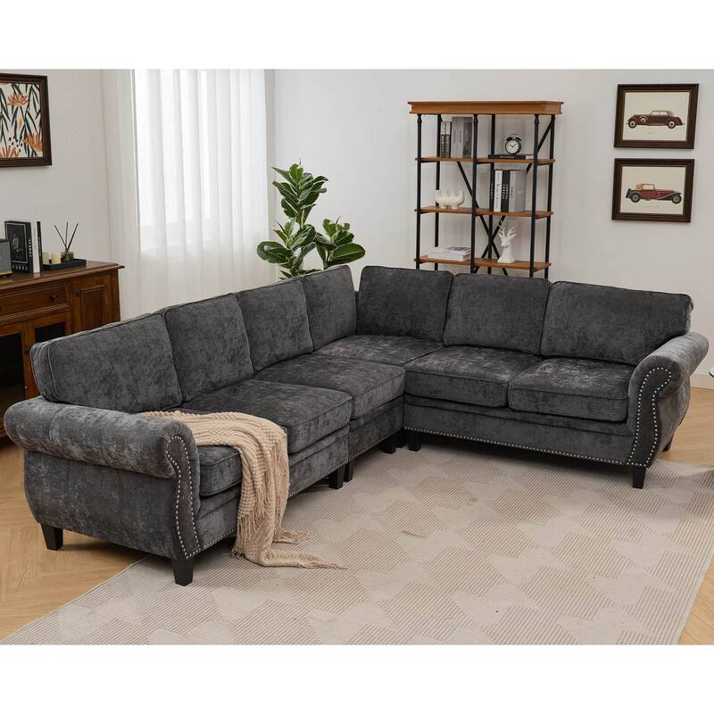 109.5" Chenille L-Shaped Corner Sectional Sofa with Rolled Armrest