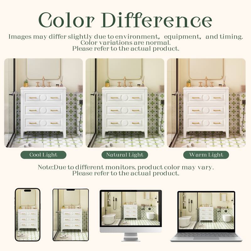 Free Standing Retro Carved Pattern Bathroom Vanity with Ceramic Sink, Tip-out Drawer, 2 Pull-out Drawers and Gold Handles