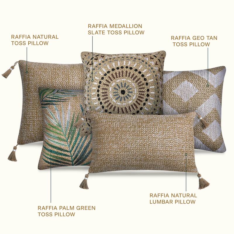 Raffia Natural Outdoor Lumbar Toss Pillow with Tassels (2-Pack)