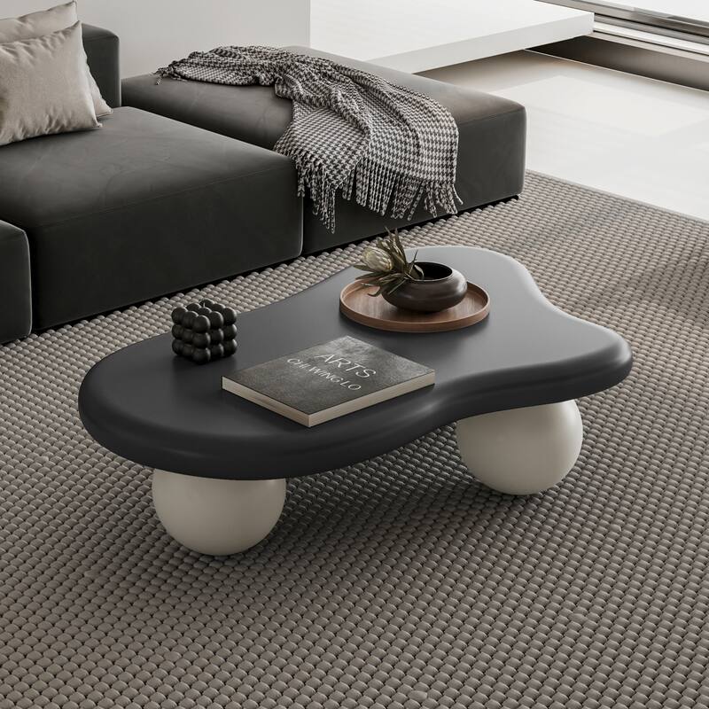 40" Cloud Shaped Coffee Table with 3 Ball Legs - Black Top+White Legs-40"