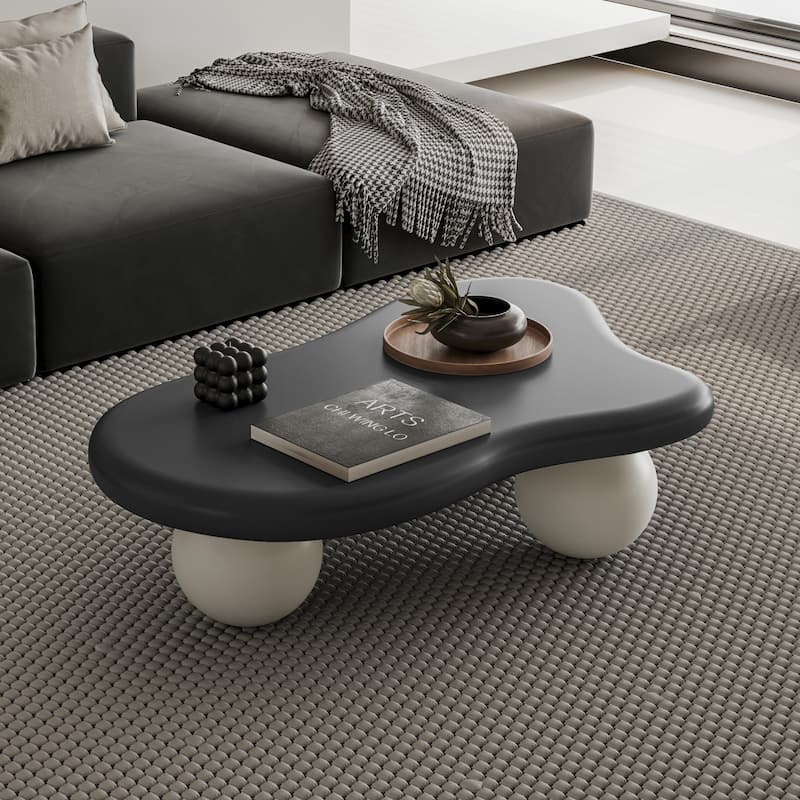 GDF Studio - Aurelia 40 Inch Cloud Shaped Coffee Table with 3 Ball Legs - Black Top With White Round Legs