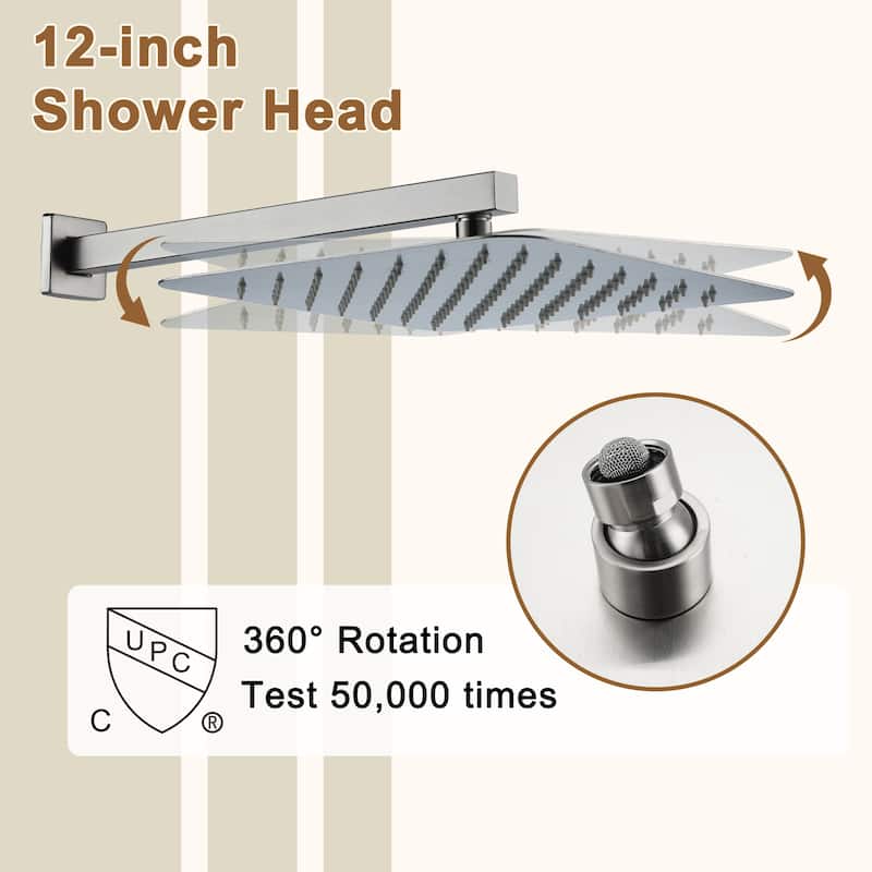 Luxury Thermostatic Shower System 1-Spray Patterns Wall Mount Fixed Shower Head and Handheld Spray with 6 Body Jets - 12" x 12"