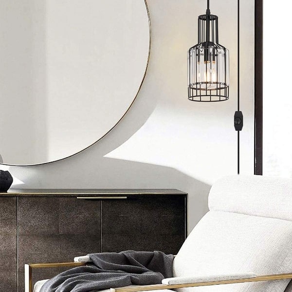 Plug-in Hanging Pendant Light - Dimmable Grey Glass Swag Light With 14.7 Ft Cord