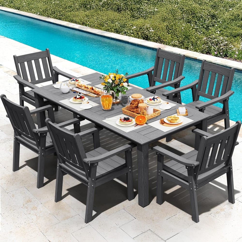 WINSOON 7-Piece HIPS All Weather Outdoor Patio Dining Sets with Umbrella Hole& Aluminum Frame,1-Table 6-Chairs