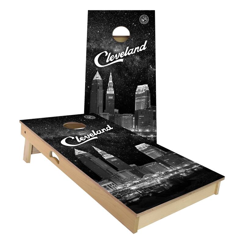 Cleveland at Night Outdoor Cornhole Board Set - Premium 2x4 - Include Hole + Edge Lights