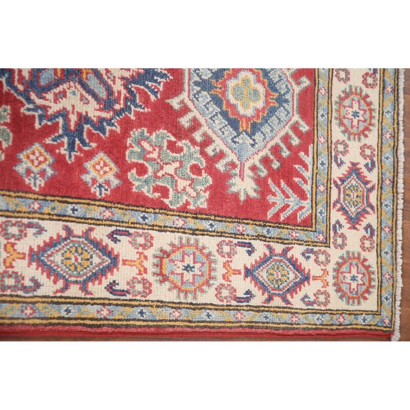 Hand Knotted Oriental 100% Wool Carpet Traditional Geometric Red Kazak Area Rug - 6' 5'' X 2' 8''