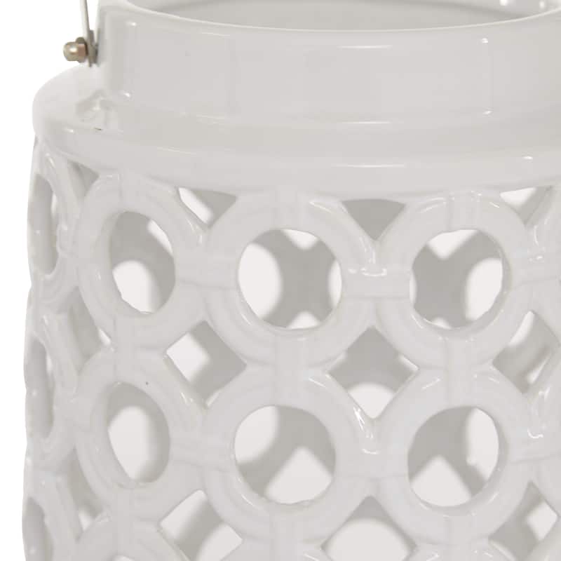 Ceramic Circles Decorative Candle Lantern with Cut Out Design - White - Roche River Decor