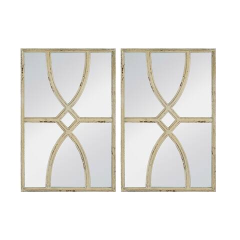Tio 24 Inch Fir Wood Wall Mirror Set of 2, Geometric Overlaid Design, White