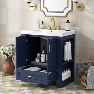30-in Navy Blue Single Sink Bathroom Vanity with White Durable Resin ...