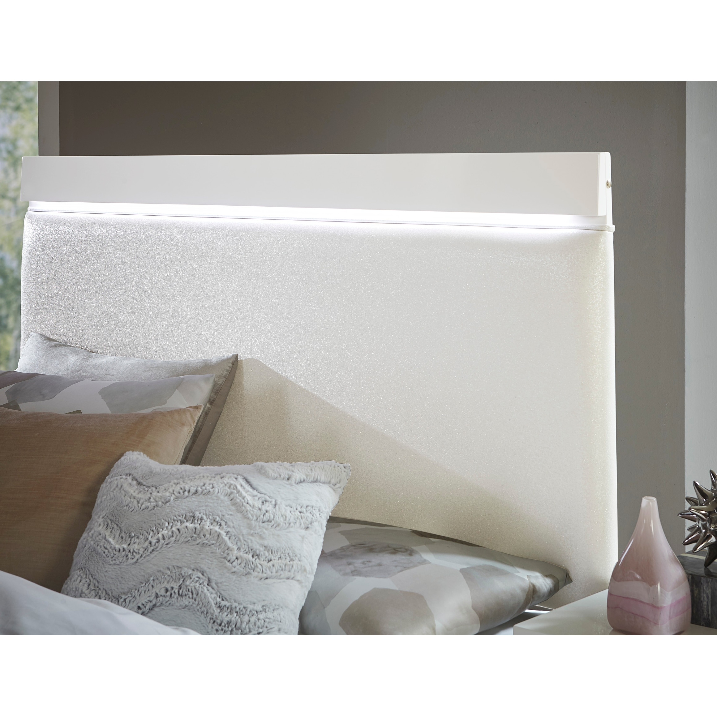 White Upholstered Wooden Furniture High Gloss Finish Modern Bed 1pc LED Light Headboard Faux Leather