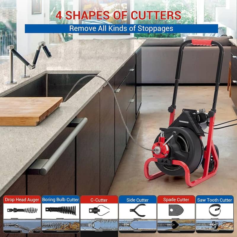 75 ft x 1/2 in Drain Cleaner Machine with 6 Cutters & Gloves for 2-4 Inch Pipes
