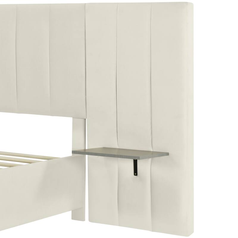 Platform Bed with Oversized Headboard, 2 Shelves, Velvet