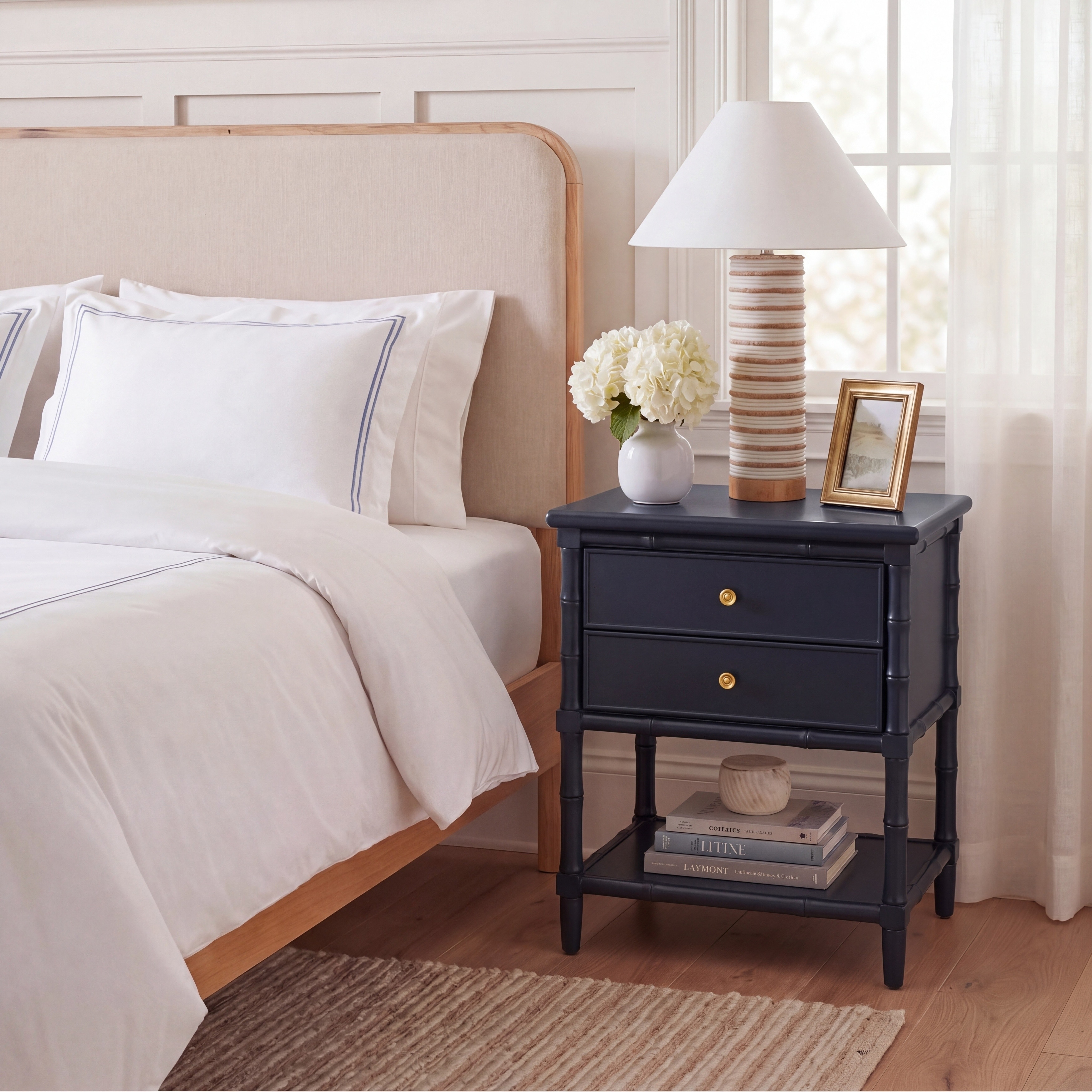 SAFAVIEH Mina Navy Coastal 2 Drawer Bamboo Nightstand