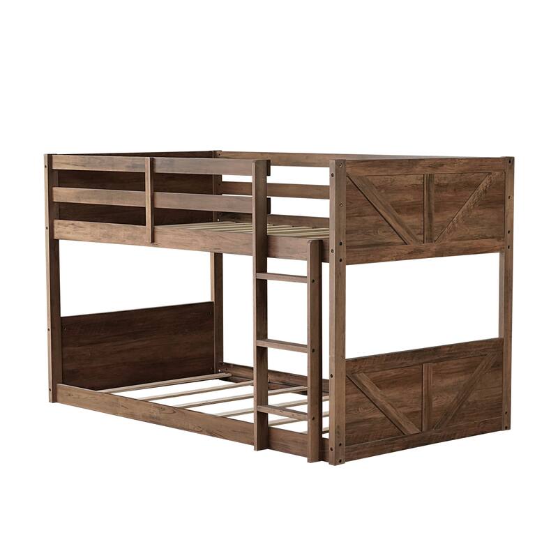 Twin over Twin Floor Bunk Bed w/ Headboard,Footboard,Safety Guardrails