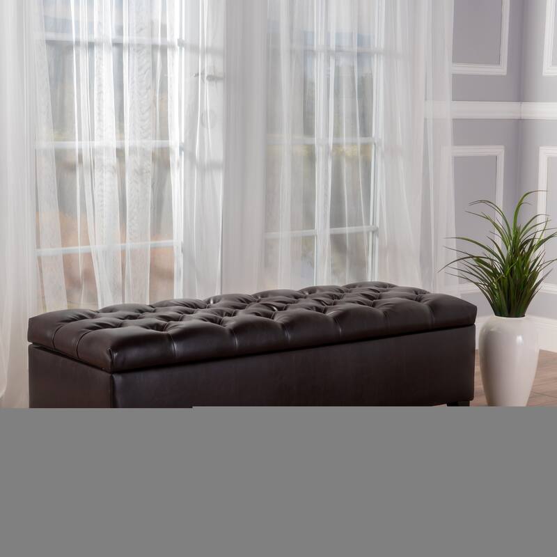 Brown PU Leather Storage Ottoman Bench - Contemporary Style, Large Storage Space