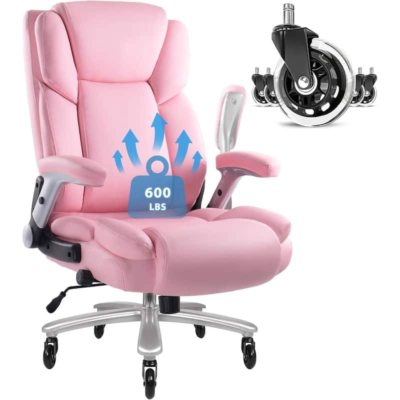 BOSSIN 600lbs Big and Tall Office Leather Chair with Flip up Armrest, Ergonomic Lumbar Support and Quiet Rubber Wheel