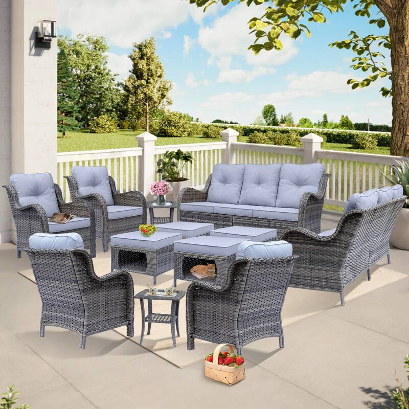 Gray Rattan Wicker High Back Outdoor Patio Furniture Sofa Seating Set