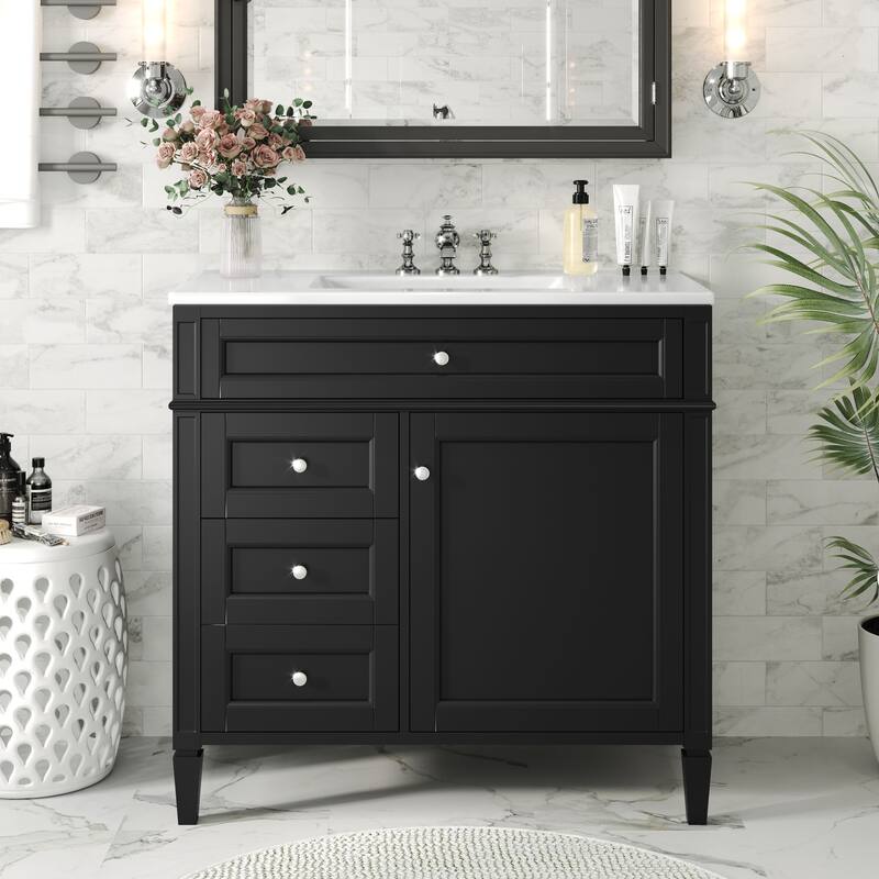 Modern Bathroom Vanity with Amber Storage, Ceramic Sink, 3 Drawers, Tip-Out Drawer, and Concealed Storage