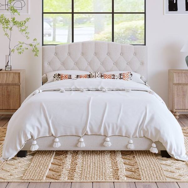 Queen Size Linen Upholstered Platform Bed with Saddle Curved Headboard and Diamond Tufted