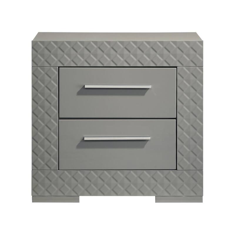 2 Drawers Wooden Nightstand with Chrome Metal Hardware in Grey High Gloss - Grey High Gloss - 2-drawer