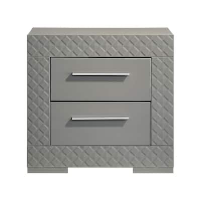 2 Drawers Wooden Nightstand with Chrome Metal Hardware in Grey High Gloss
