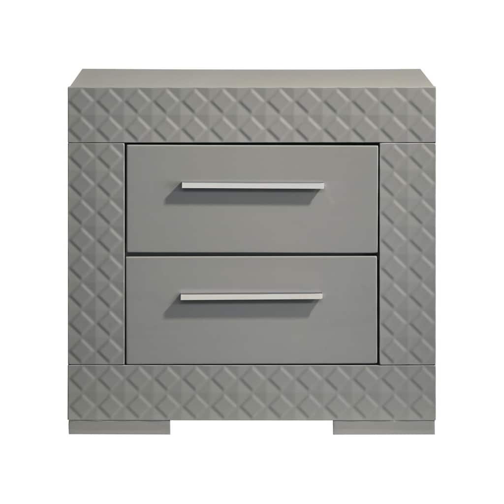 2 Drawers Wooden Nightstand with Chrome Metal Hardware in Grey High Gloss
