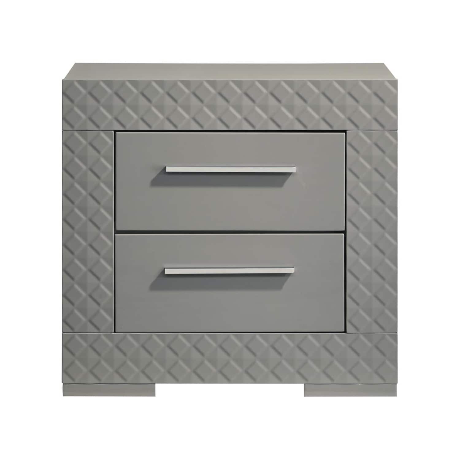 2 Drawers Wooden Nightstand with Chrome Metal Hardware in Grey High Gloss