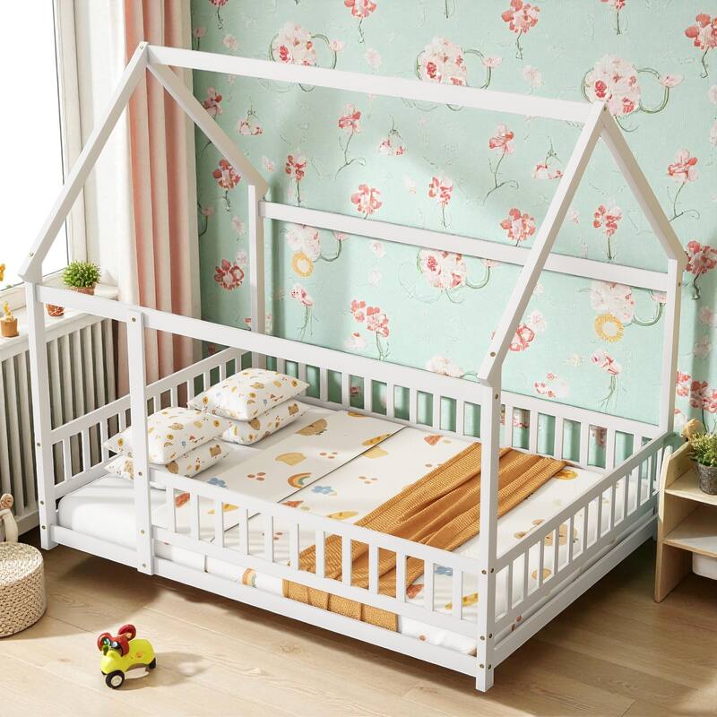 Full Size House Floor Bed with Roof Frame and Guardrails, Solid Wood Montessori Bed for Kids with Fence Design