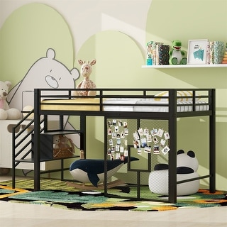 Twin Size Metal Loft Bed with Storage Staircase and Iron Mesh, Low Loft Bedframe with Storage Shelf and Guardrail for Kids