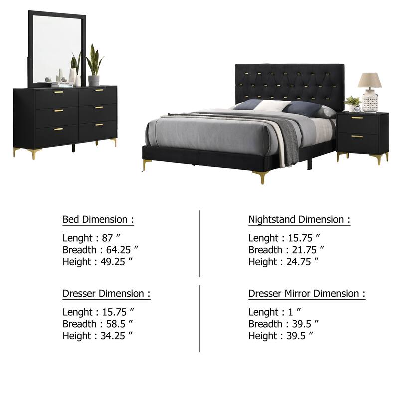 Dle 4 Piece Queen Bedroom Set, Tufted Black Velvet, Modern Gold Accent