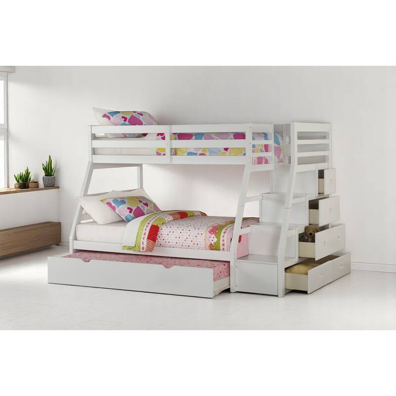 Twin Over Full Bunk Bed with Trundle and Storage Ladder bed, Built-in Drawers,Full-Length Guardrail,Slat Support System Included