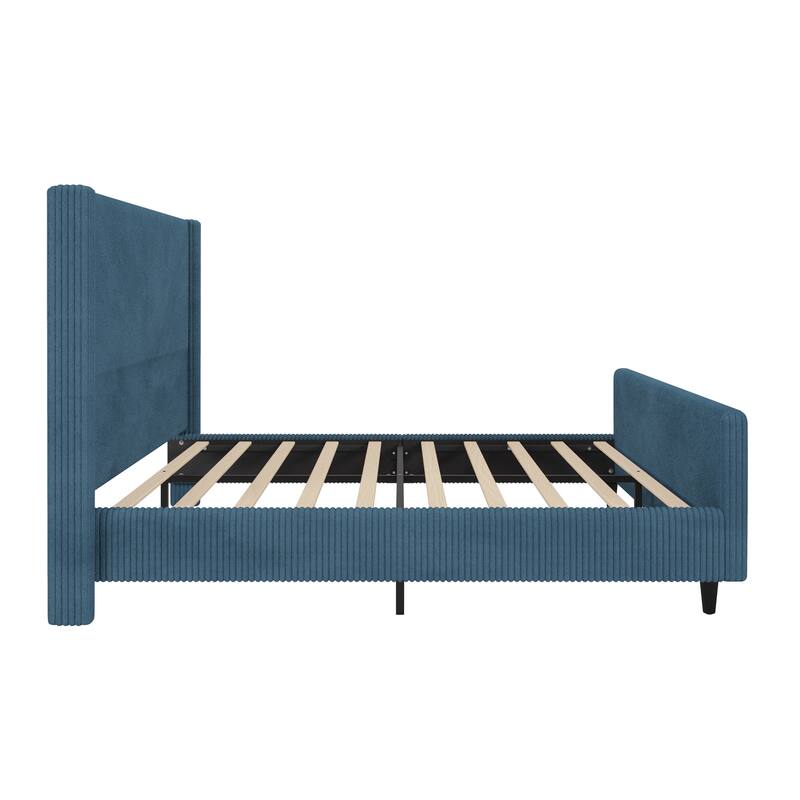 Queen Size Corduroy Bed with Wingback and High Footboard
